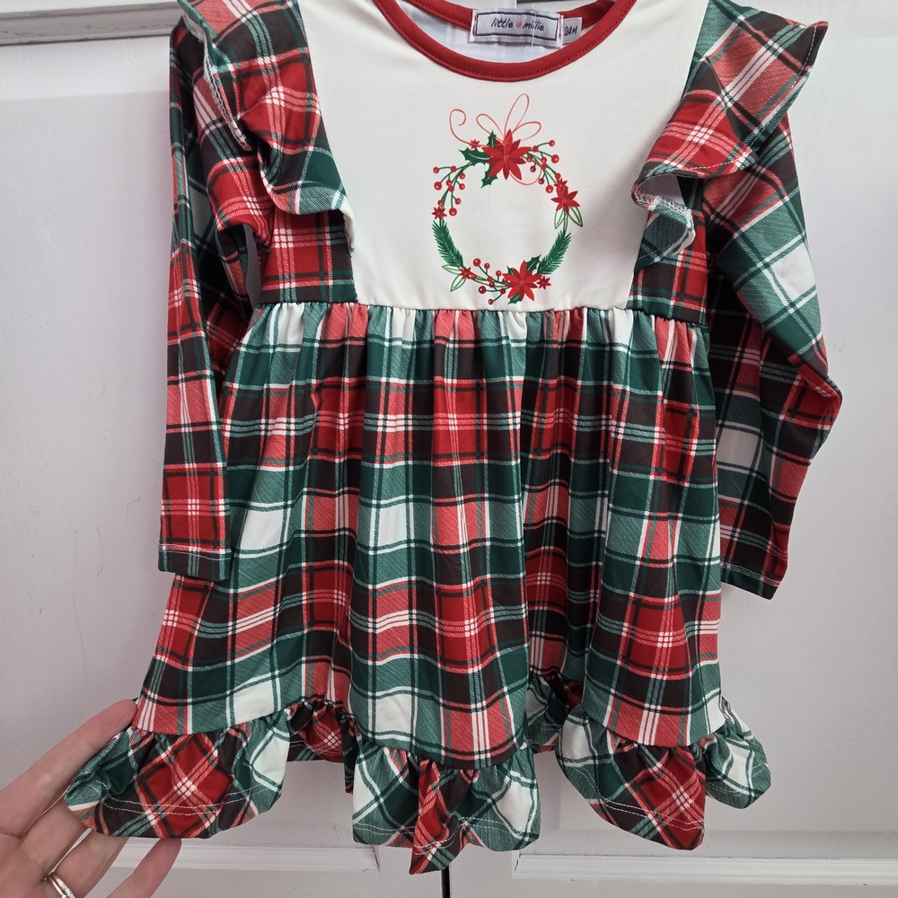 Festive Plaid Dress with Wreath Design